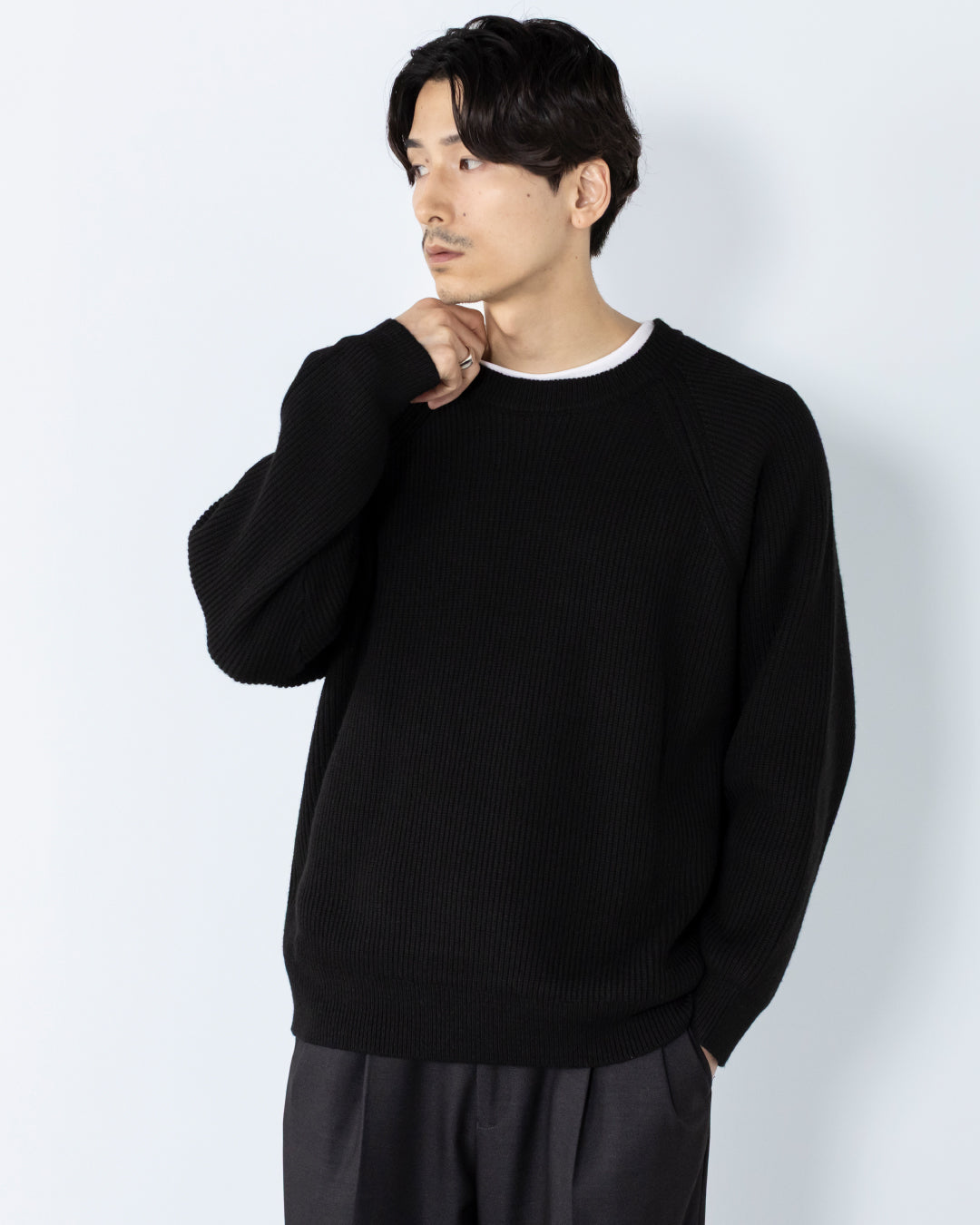Wool Mixed Crewneck Knit -black-