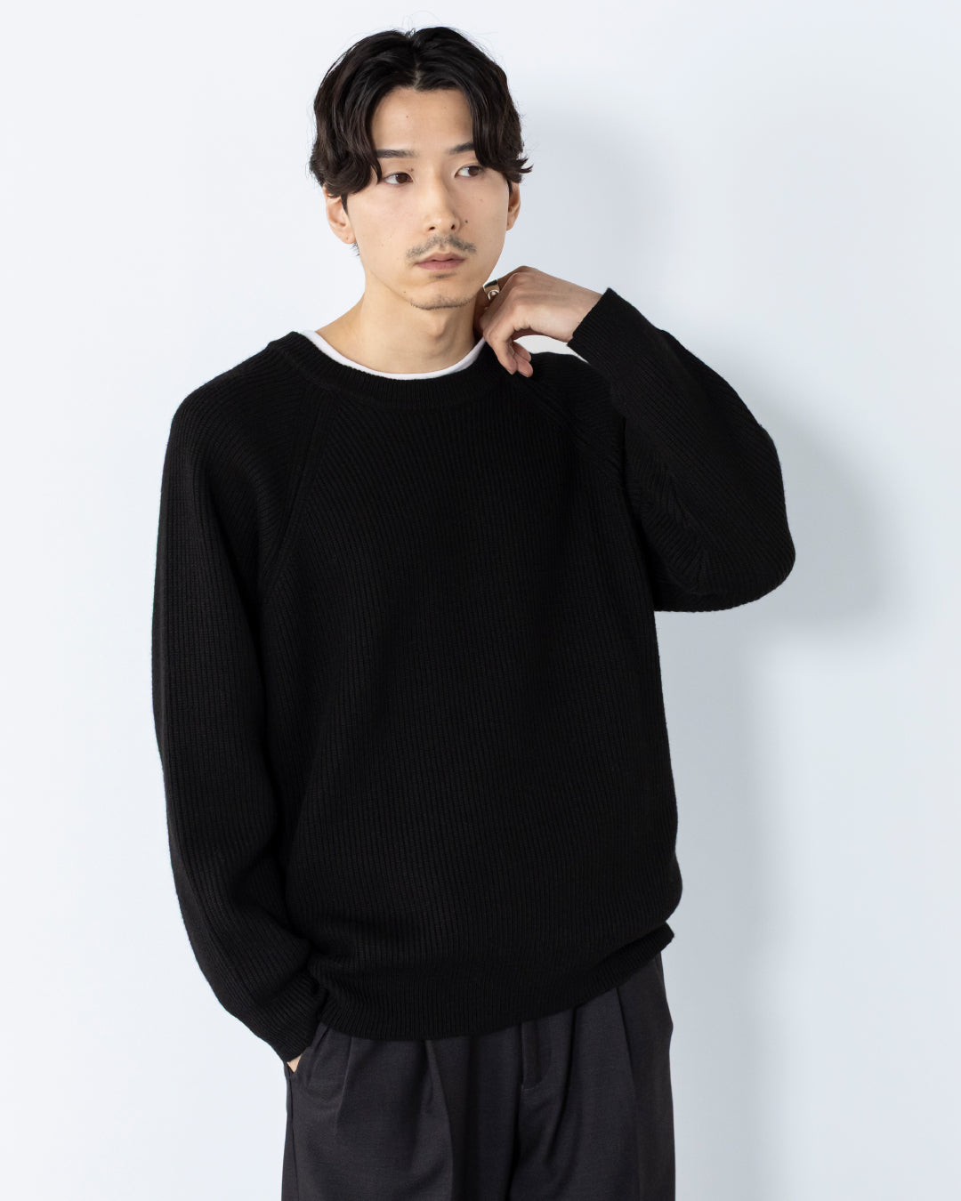 Wool Mixed Crewneck Knit -black-