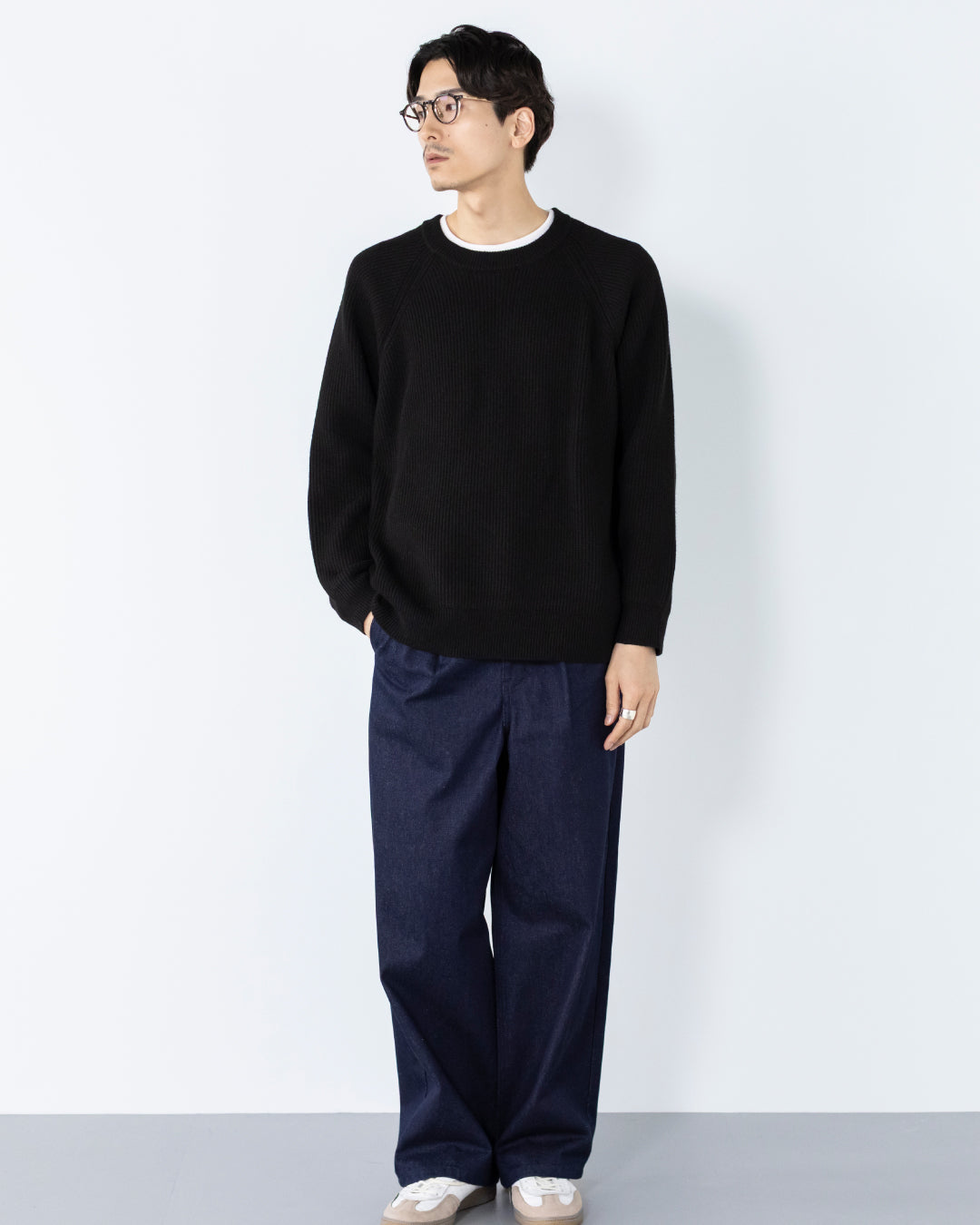 Wool Mixed Crewneck Knit -black-