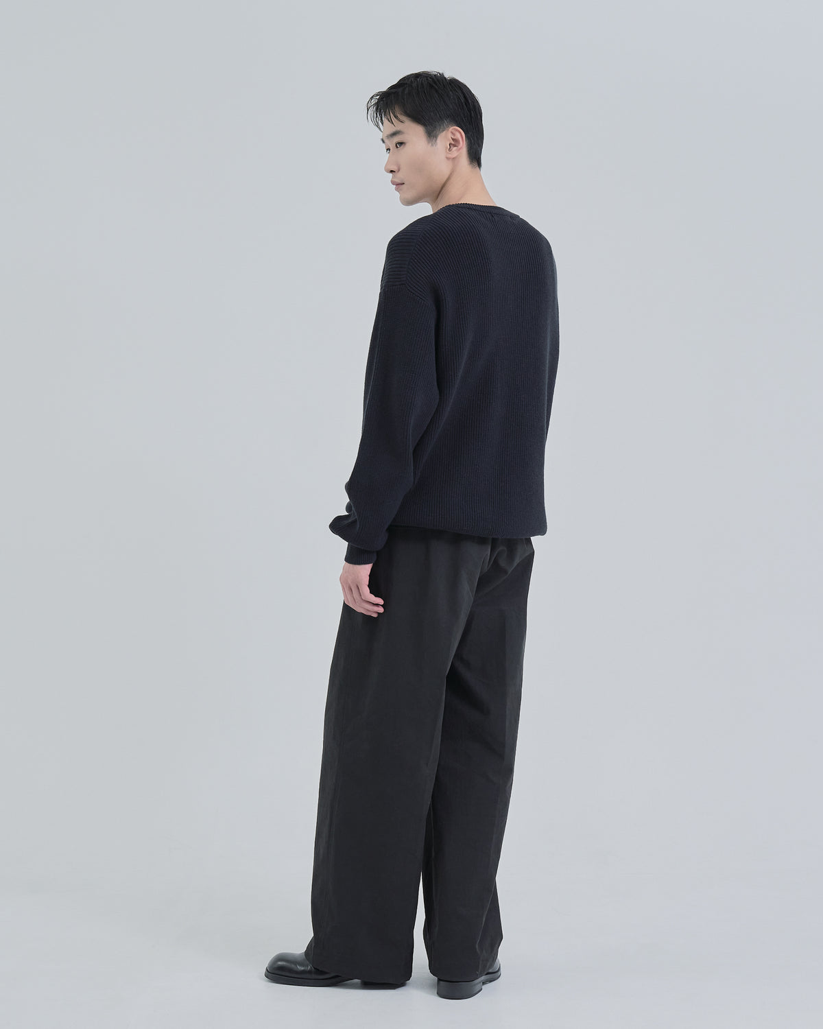 Wide Rib Henley Neck Knit -navy-