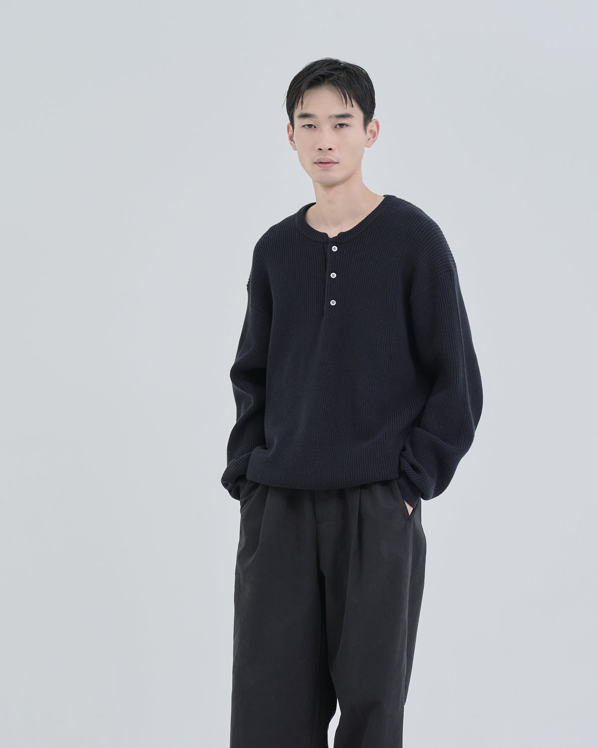Wide Rib Henley Neck Knit -navy-