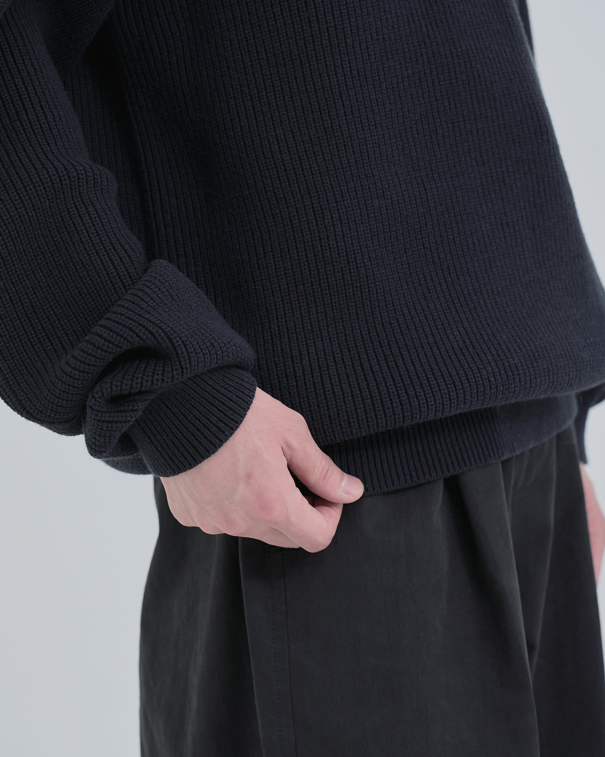 Wide Rib Henley Neck Knit -navy-
