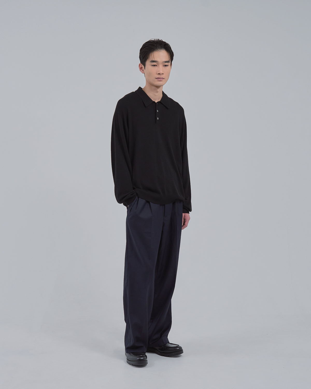 Wholegarment L/S Knit Polo -black-