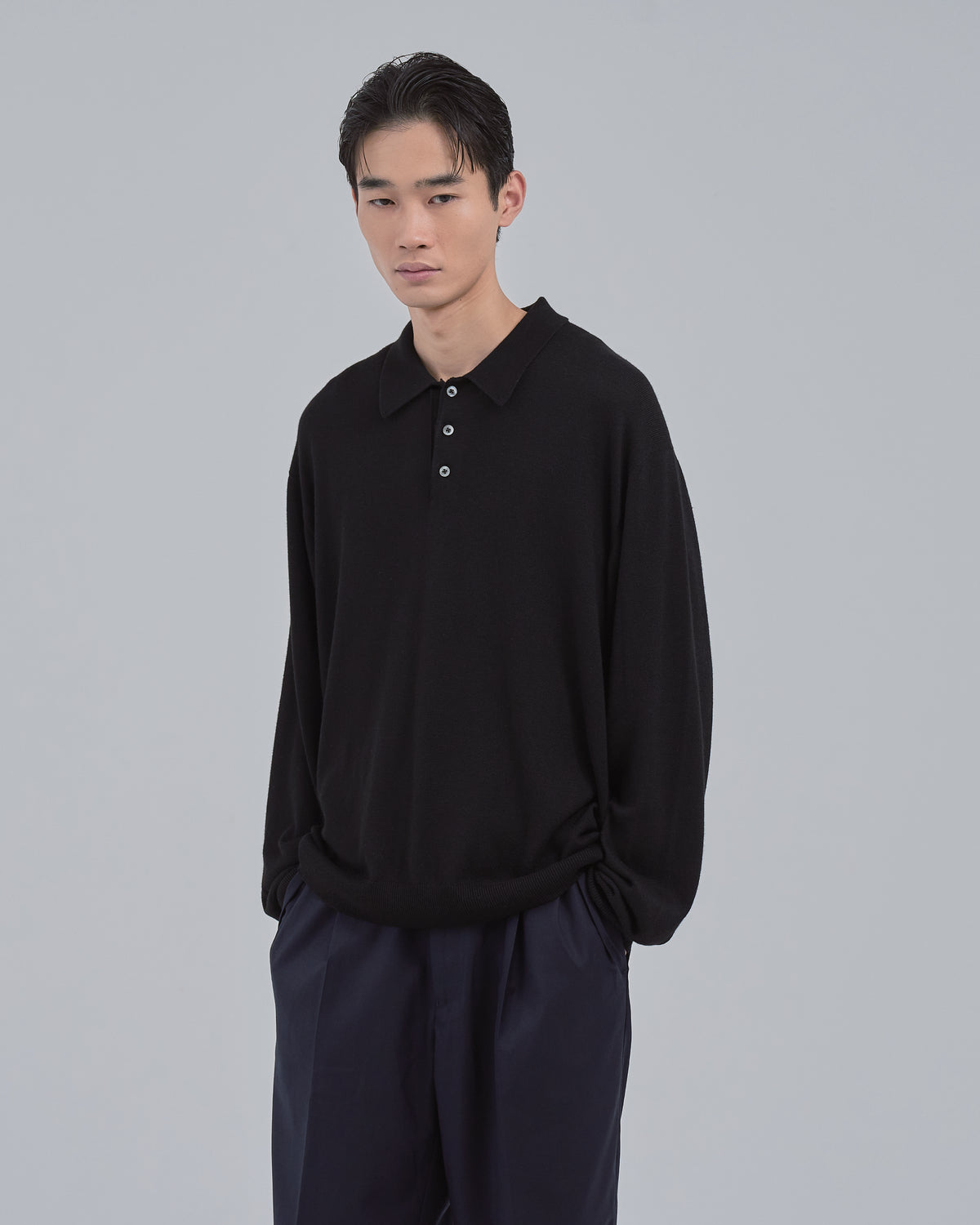 Wholegarment L/S Knit Polo -black-