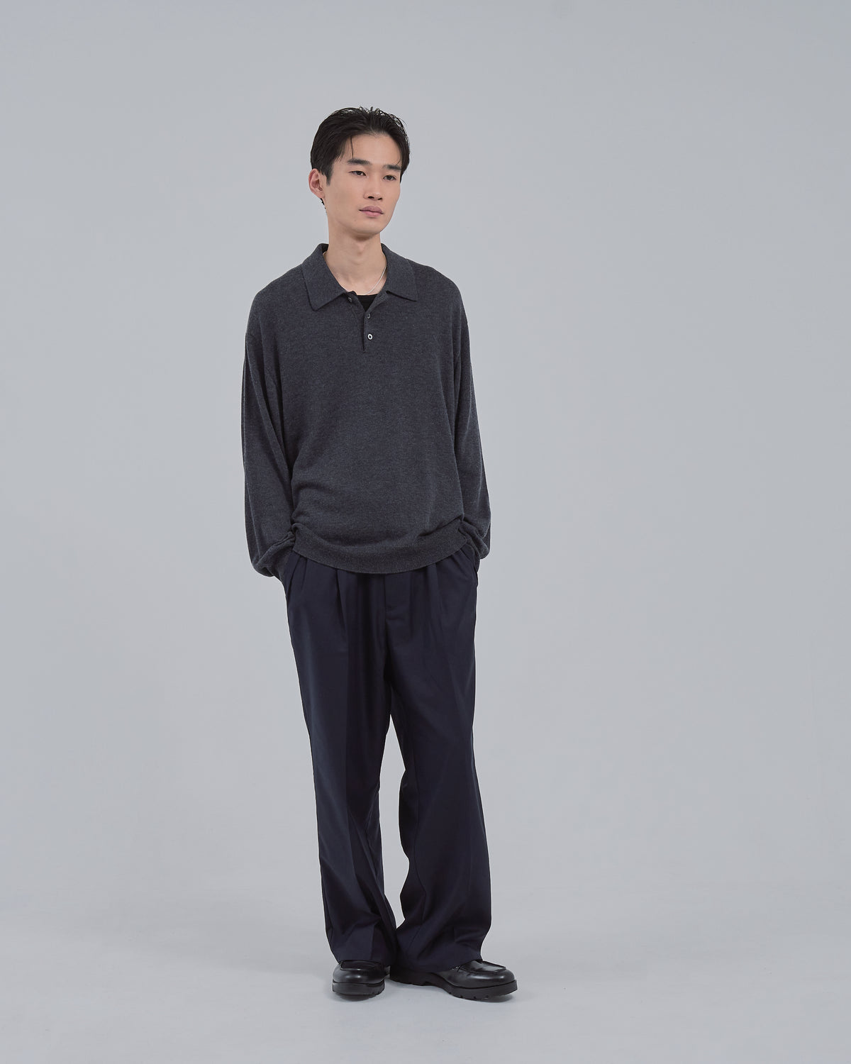 Wholegarment L/S Knit Polo -charcoal-（12）