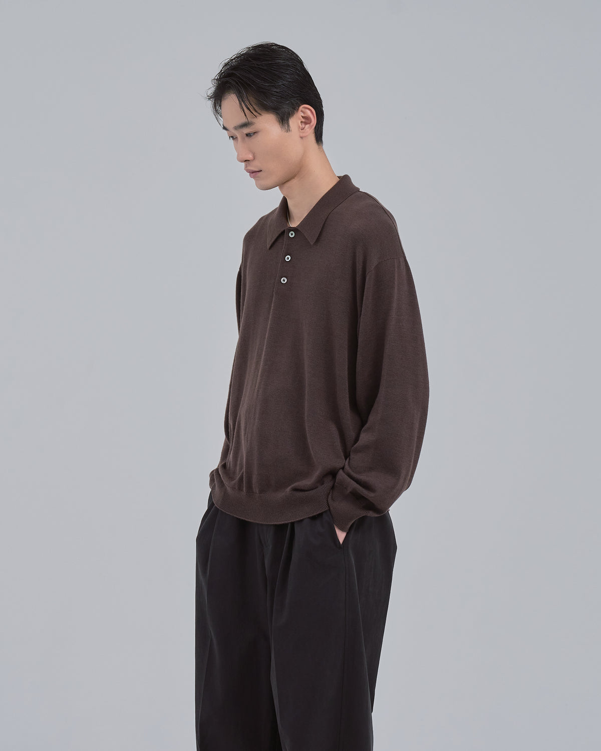 Wholegarment L/S Knit Polo -brown-