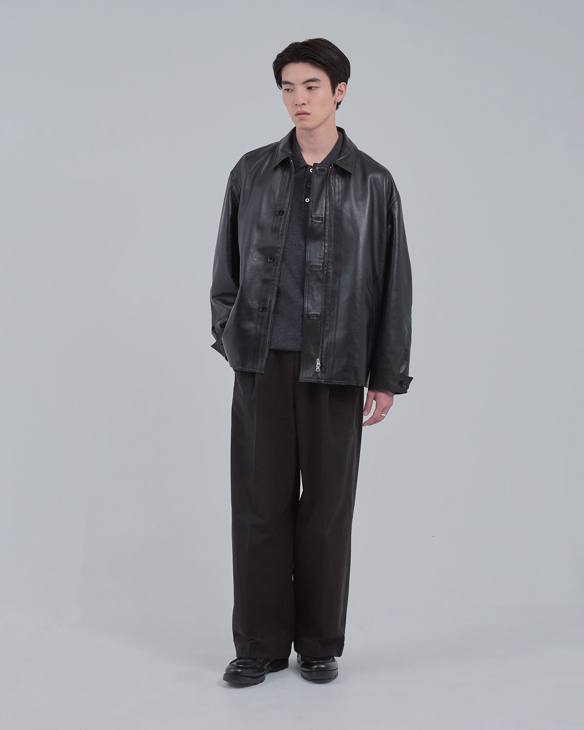 Double Breasted Sheep Leather Jacket -black-（17）