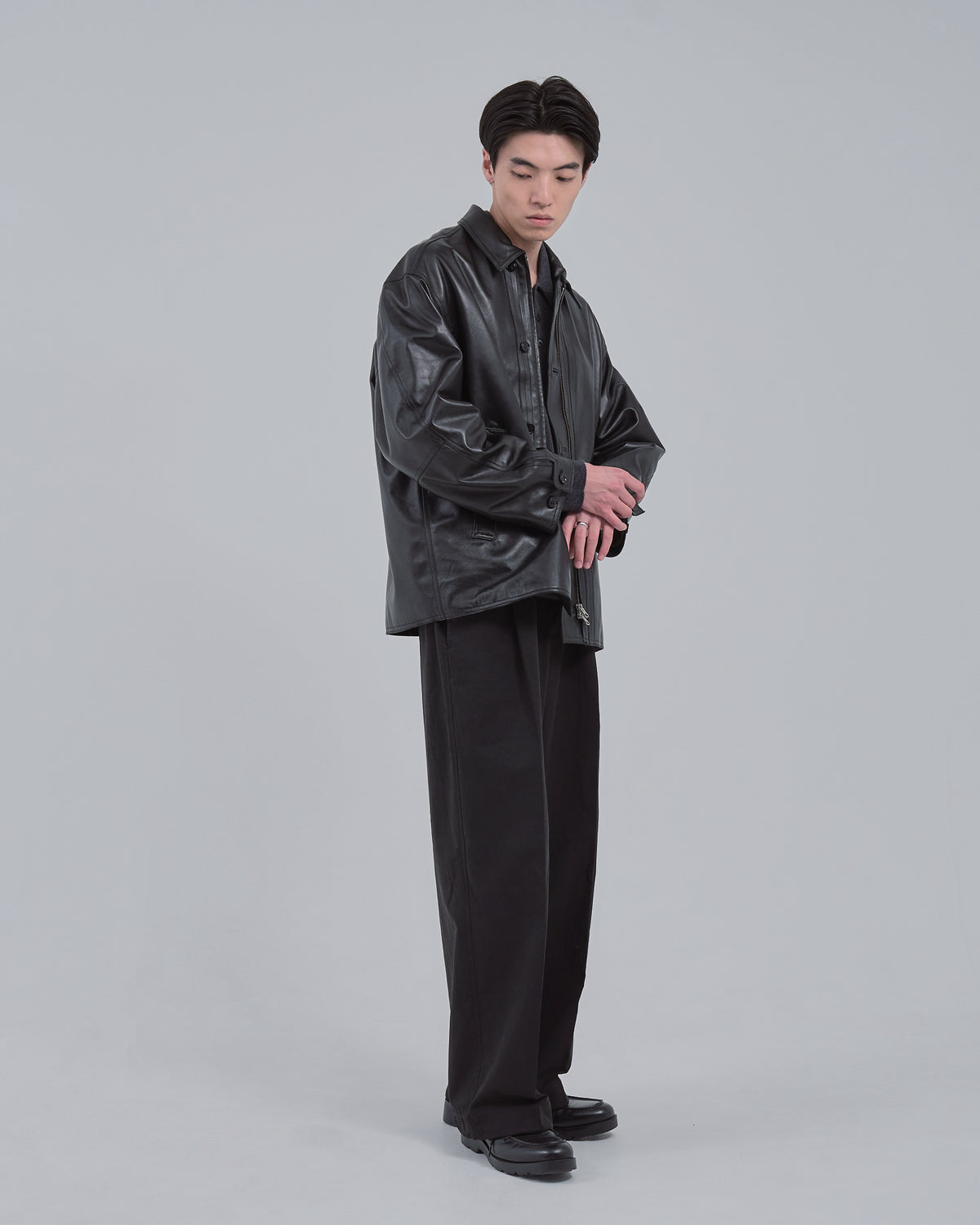 Double Breasted Sheep Leather Jacket -black-（18）