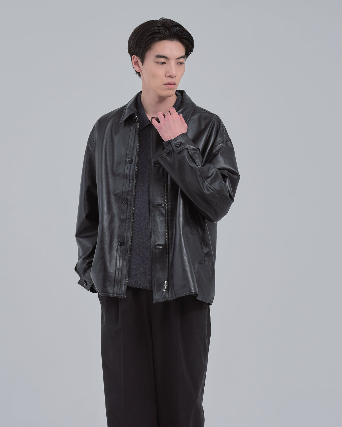 Double Breasted Sheep Leather Jacket -black-（15）