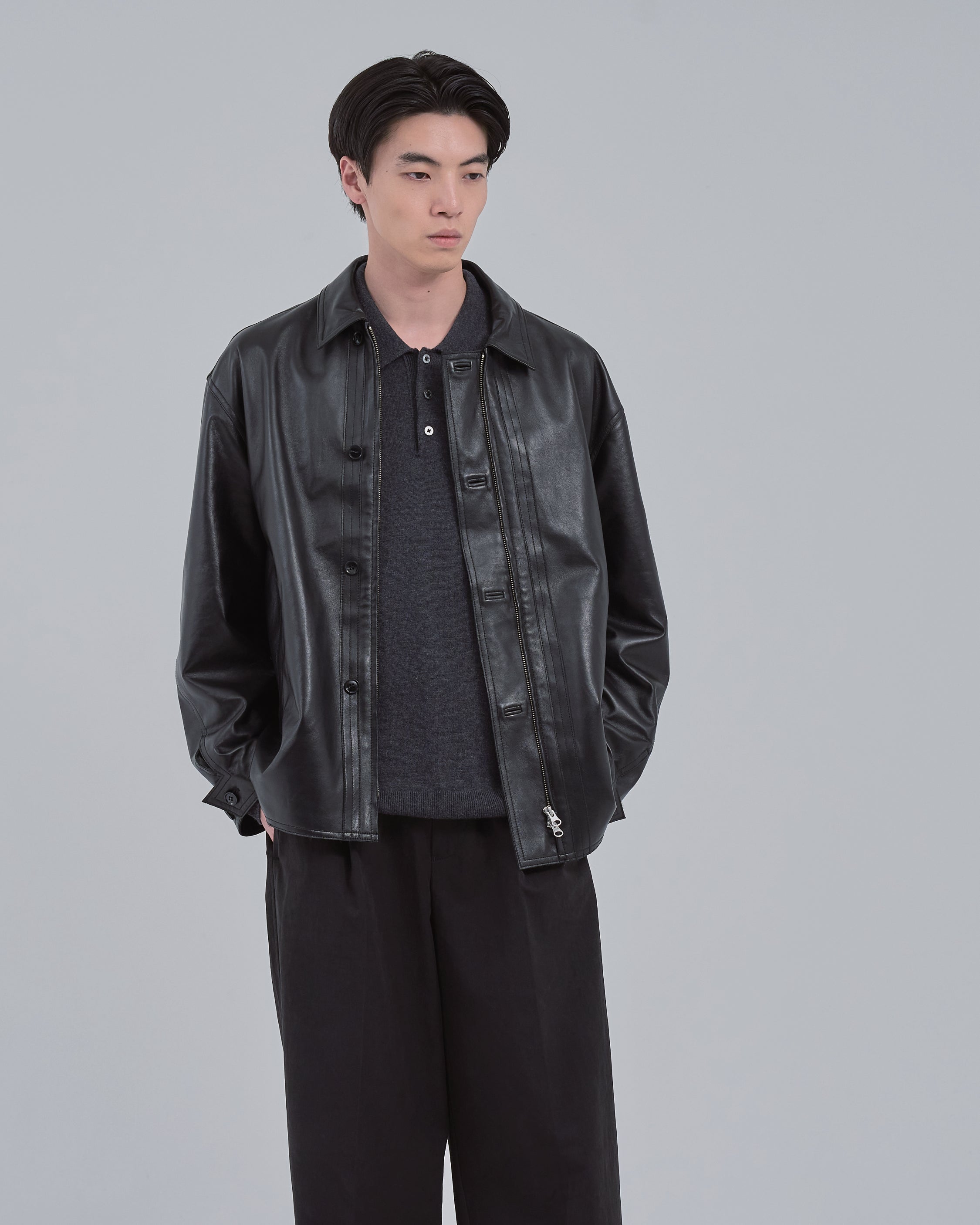 Double Breasted Sheep Leather Jacket -black-