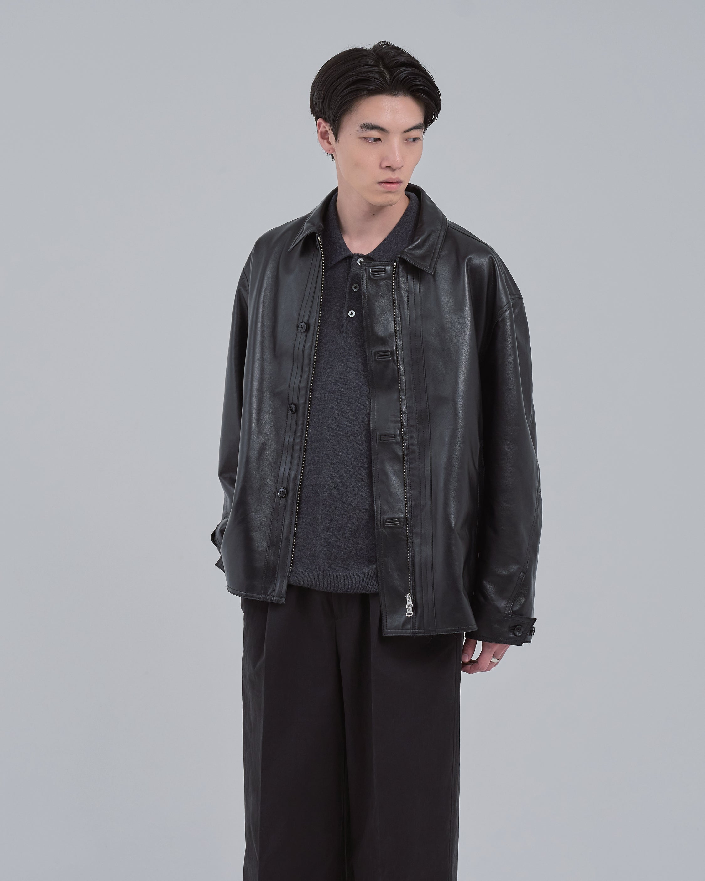 Double Breasted Sheep Leather Jacket -black-