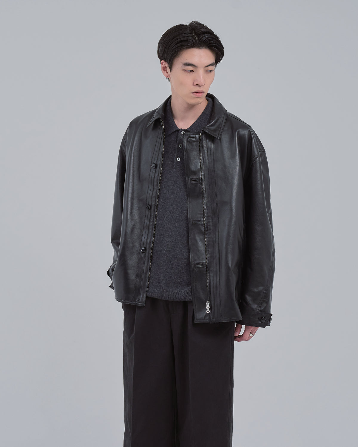 Double Breasted Sheep Leather Jacket -black-
