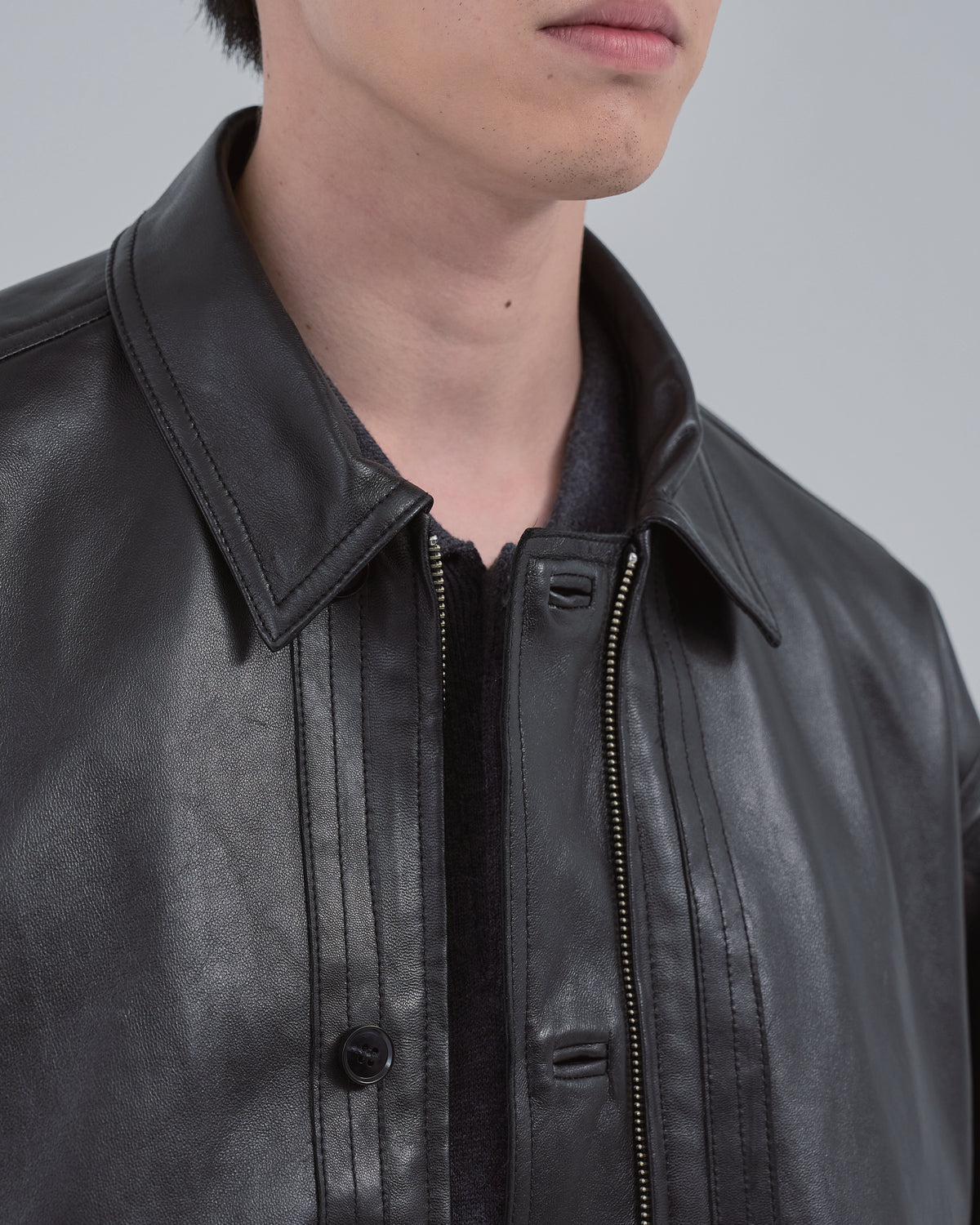 Double Breasted Sheep Leather Jacket -black-（3）