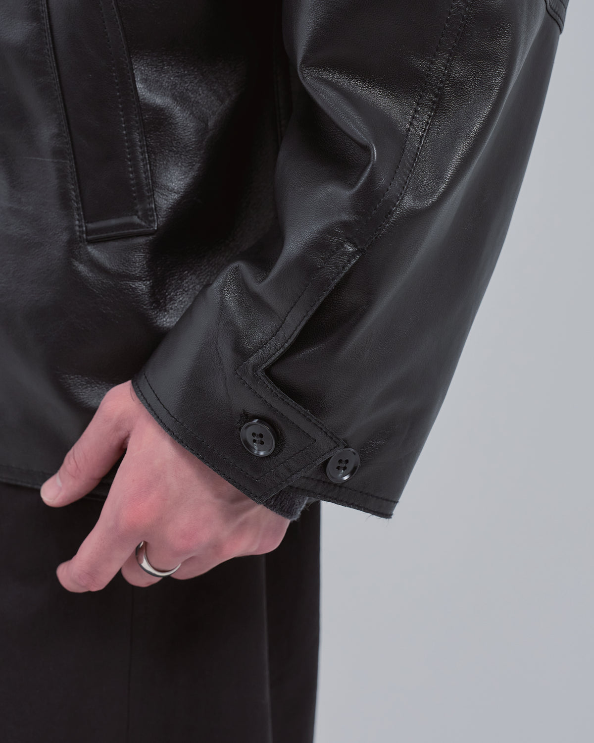 Double Breasted Sheep Leather Jacket -black-（7）