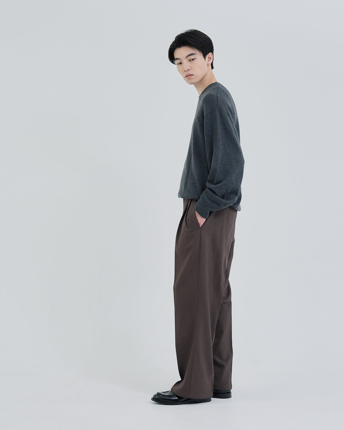 2Tuck Wide Wool Touch Slacks -brown-（9）