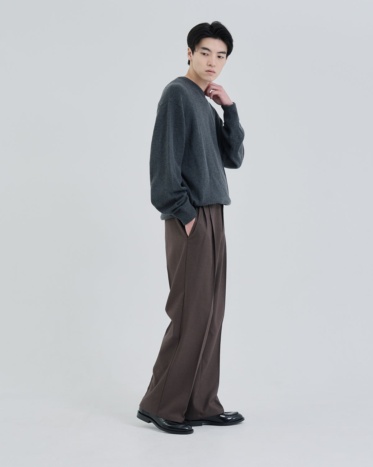2Tuck Wide Wool Touch Slacks -brown-（13）