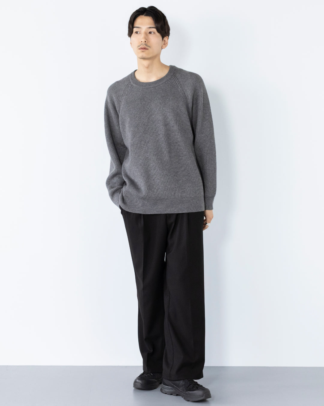 2Tuck Wide Wool Touch Slacks -black-