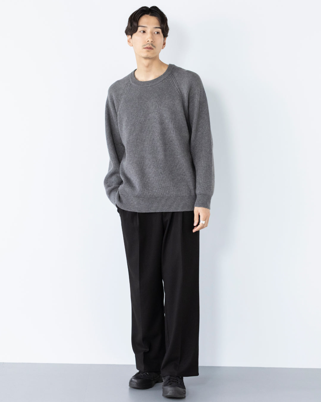 2Tuck Wide Wool Touch Slacks -black-