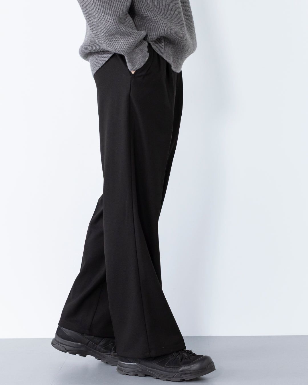 2Tuck Wide Wool Touch Slacks -black-