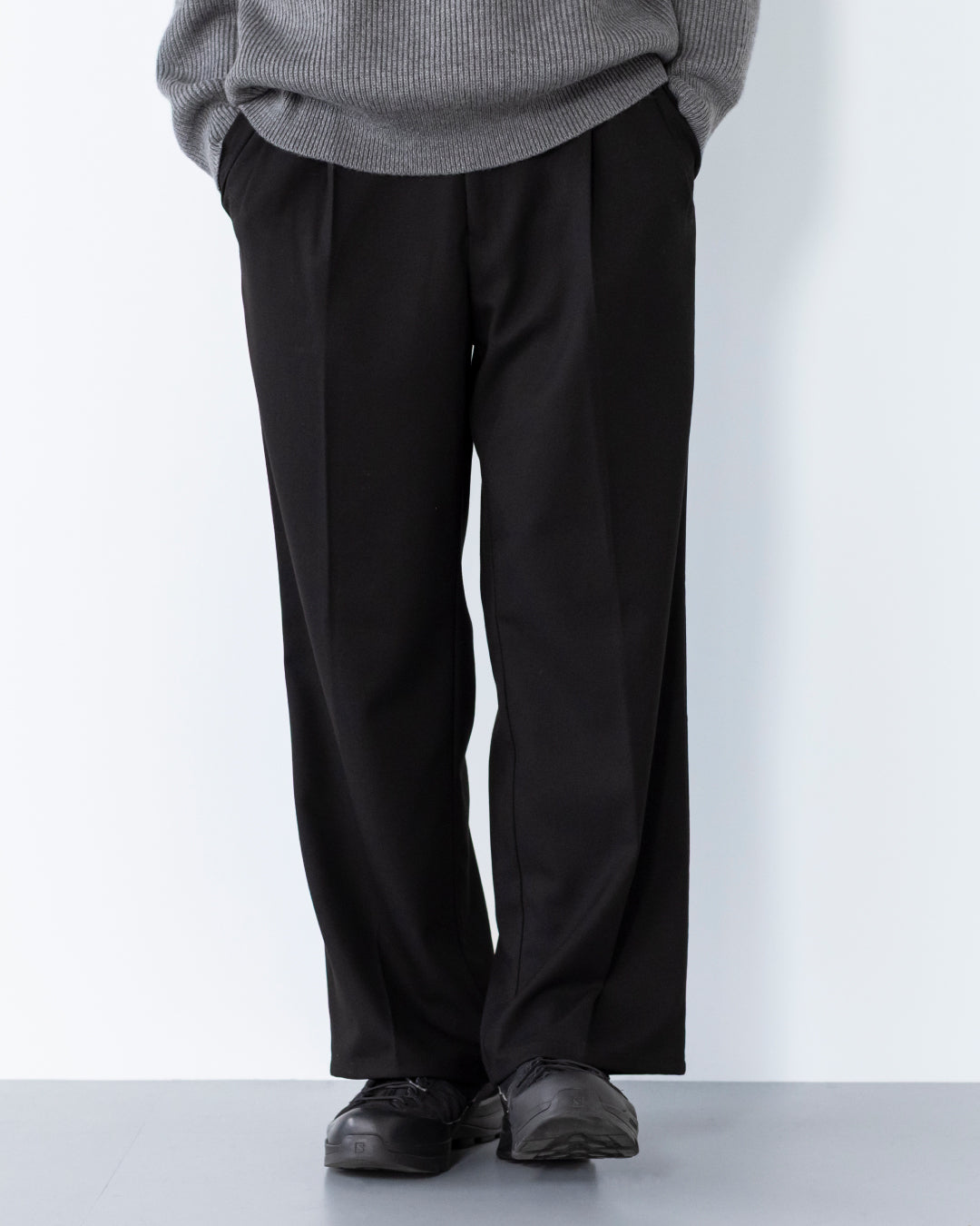 2Tuck Wide Wool Touch Slacks -black-
