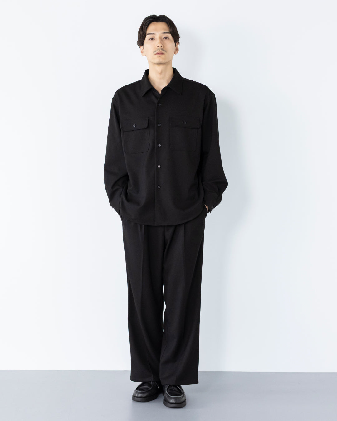 2Tuck Wide Wool Touch Slacks -black-