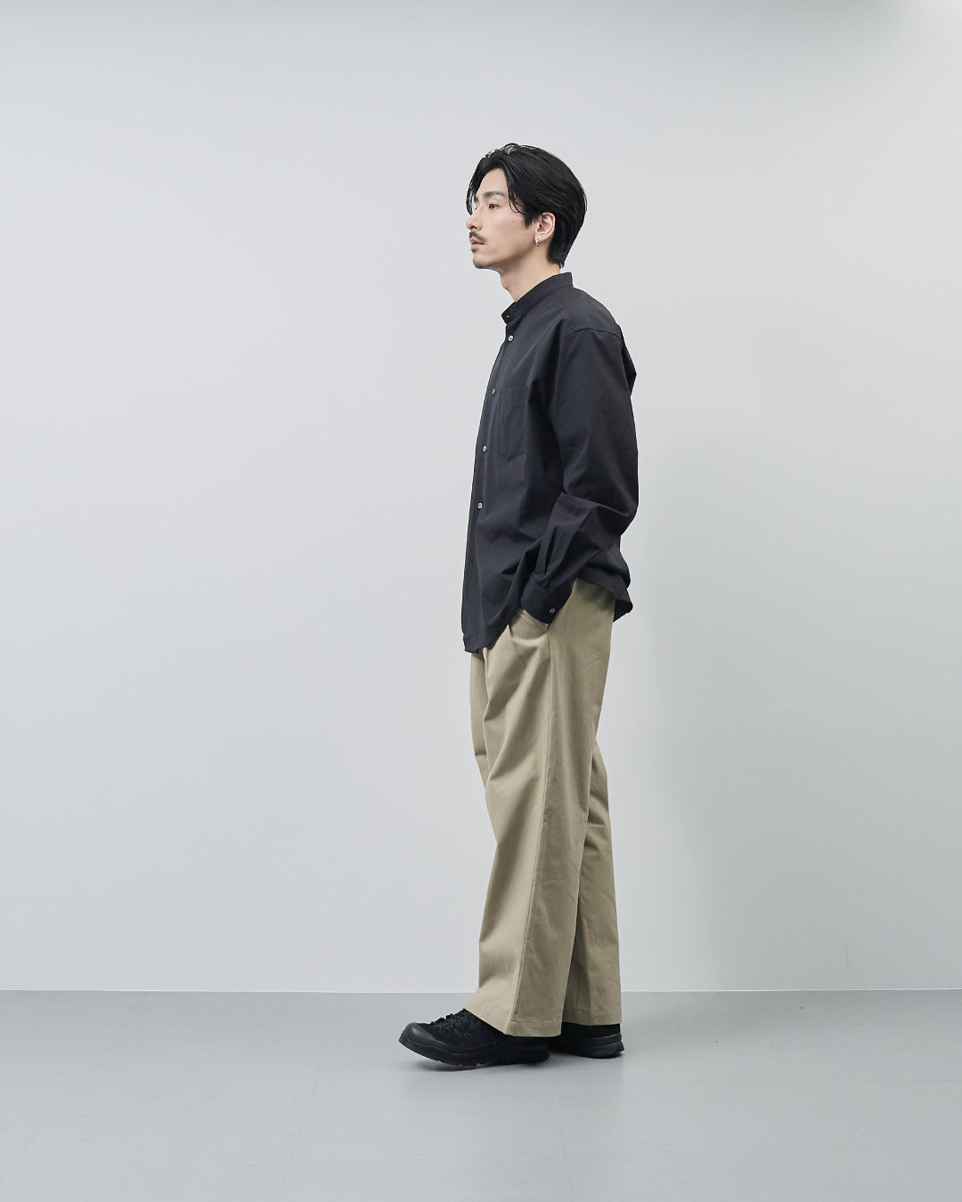 Relaxed Fit Band Collar L/S Shirt -black-