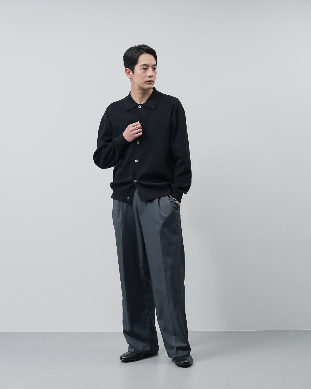 High Twist Cotton×Nylon Collared Knit Cardigan -black-