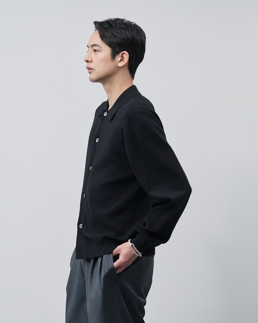 High Twist Cotton×Nylon Collared Knit Cardigan -black-
