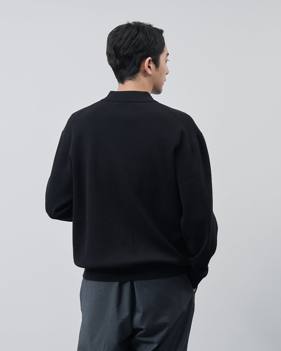 High Twist Cotton×Nylon Collared Knit Cardigan -black-