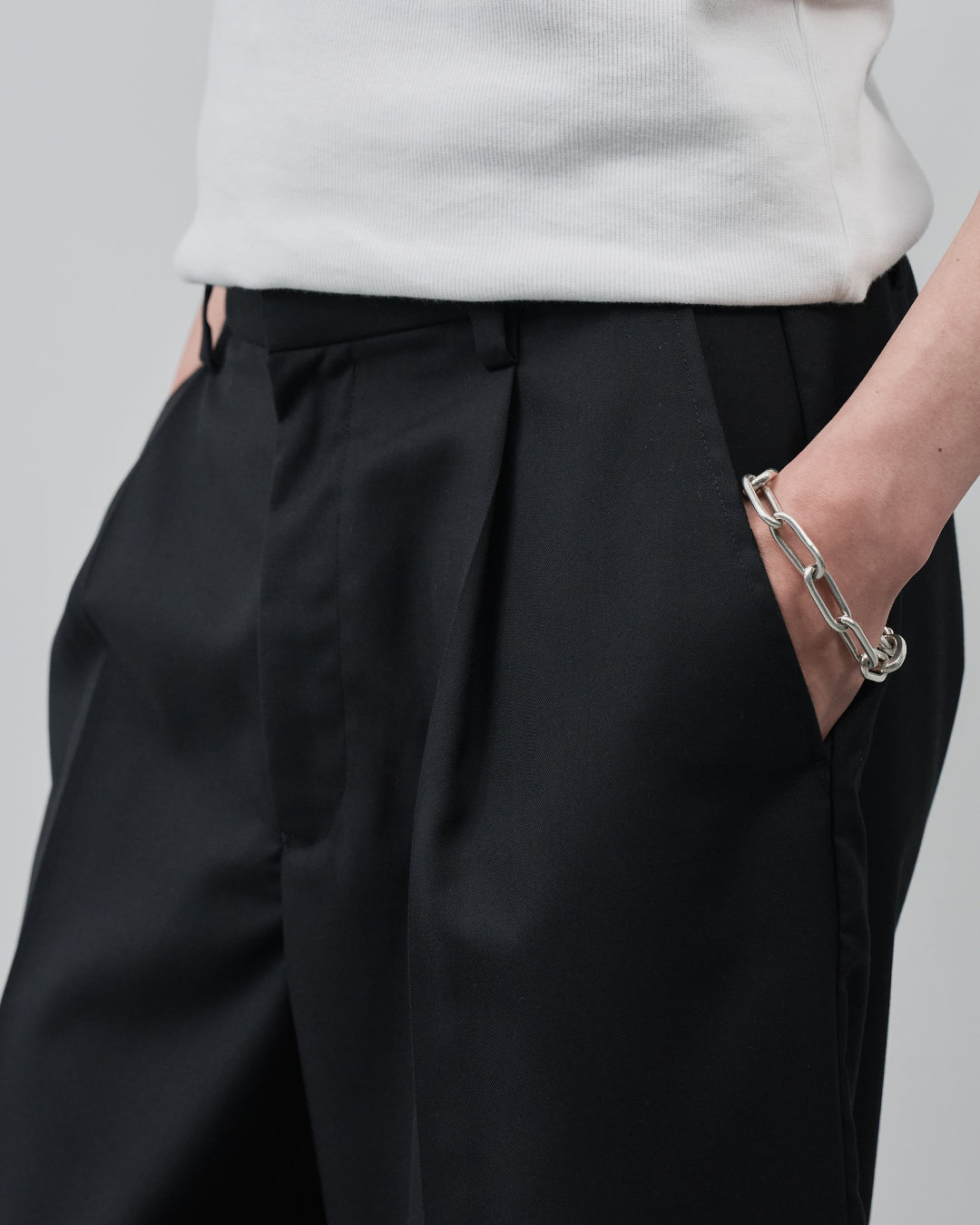 1Tuck Wide Easy Half Slacks -black-