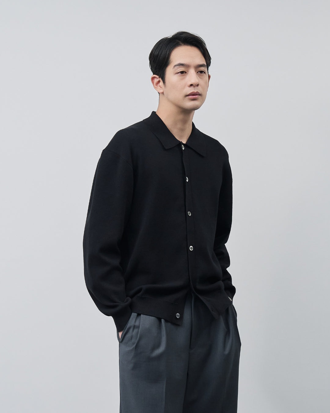 High Twist Cotton×Nylon Collared Knit Cardigan -black-