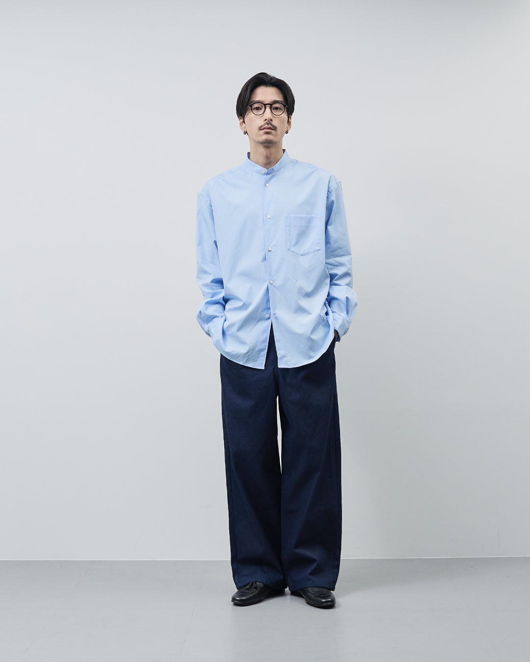 Relaxed Fit Band Collar L/S Shirt -saxe blue-
