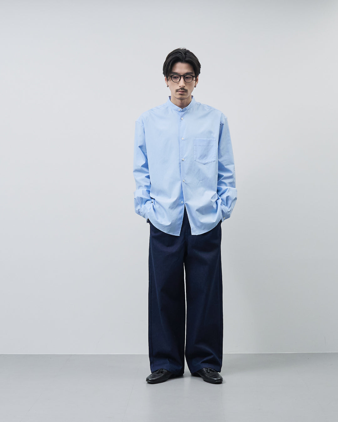 Relaxed Fit Band Collar L/S Shirt -saxe blue-