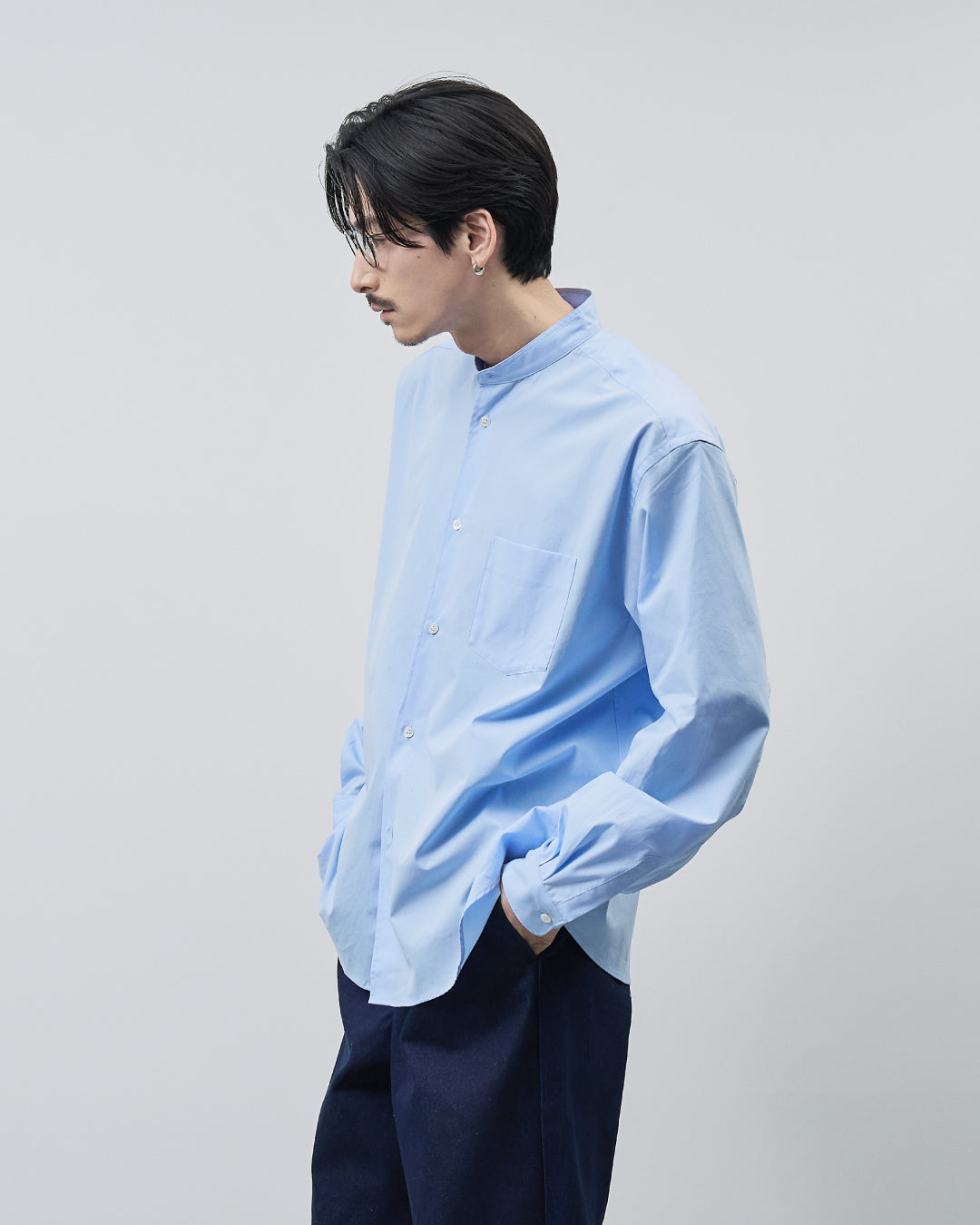 Relaxed Fit Band Collar L/S Shirt -saxe blue-