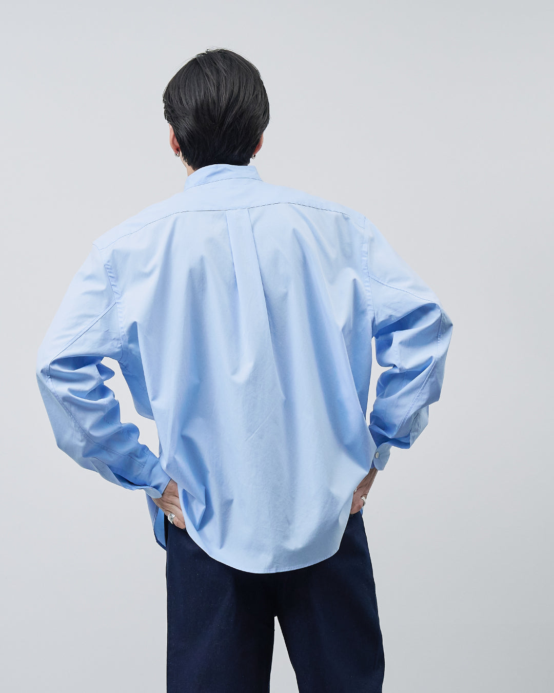 【完売品】Retouch Relaxed Fit L/S Shirt ブルーＬ Relaxed Fit Band Collar L/S Shirt -saxe blue-