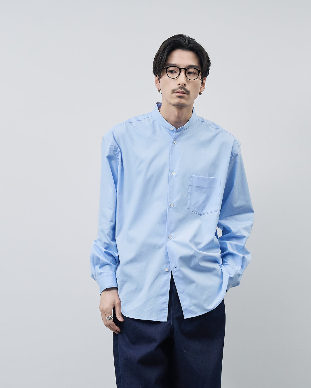 Relaxed Fit Band Collar L/S Shirt -saxe blue-