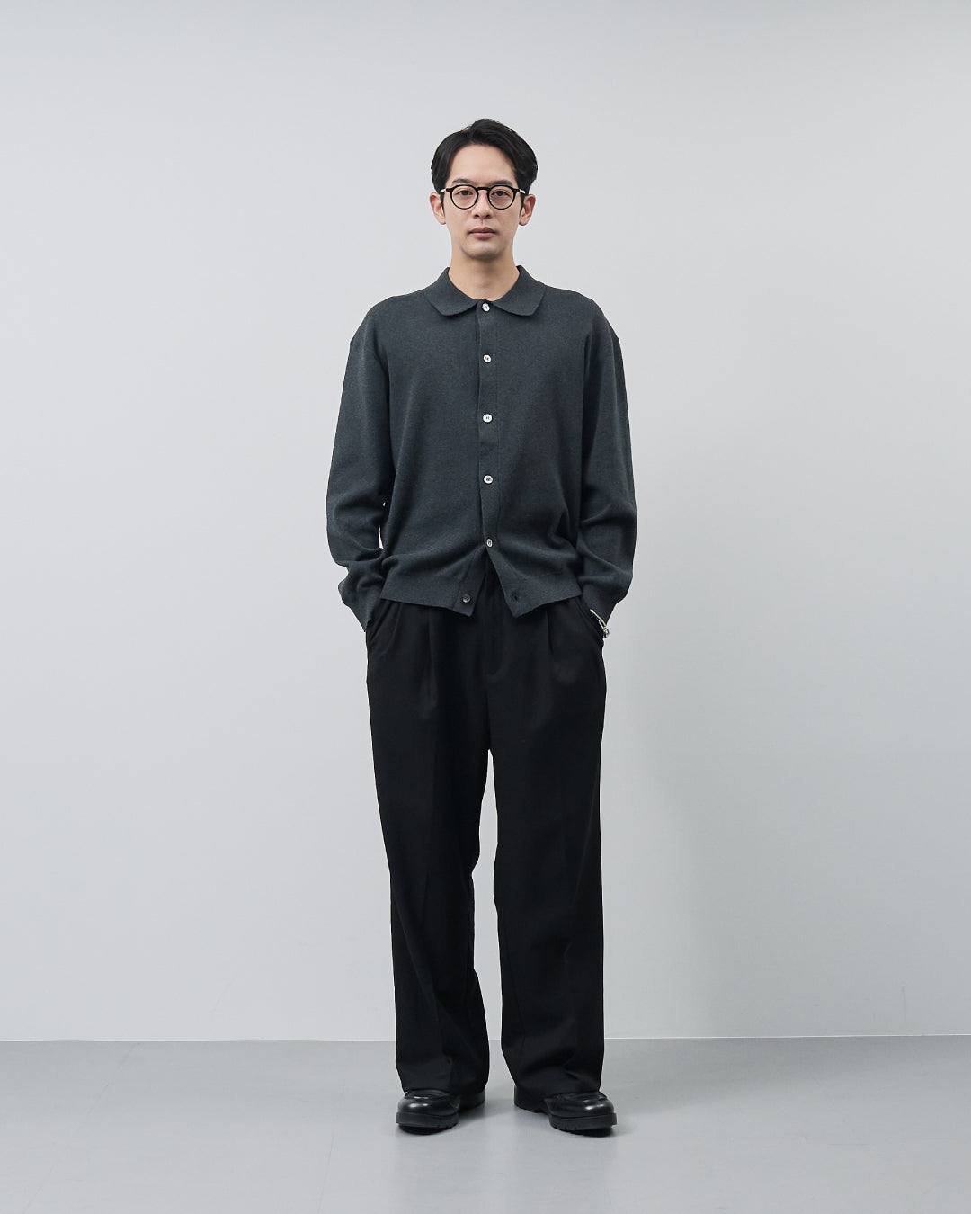 High Twist Cotton×Nylon Collared Knit Cardigan -dark gray-