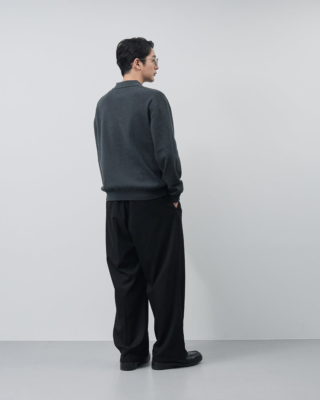 High Twist Cotton×Nylon Collared Knit Cardigan -dark gray-