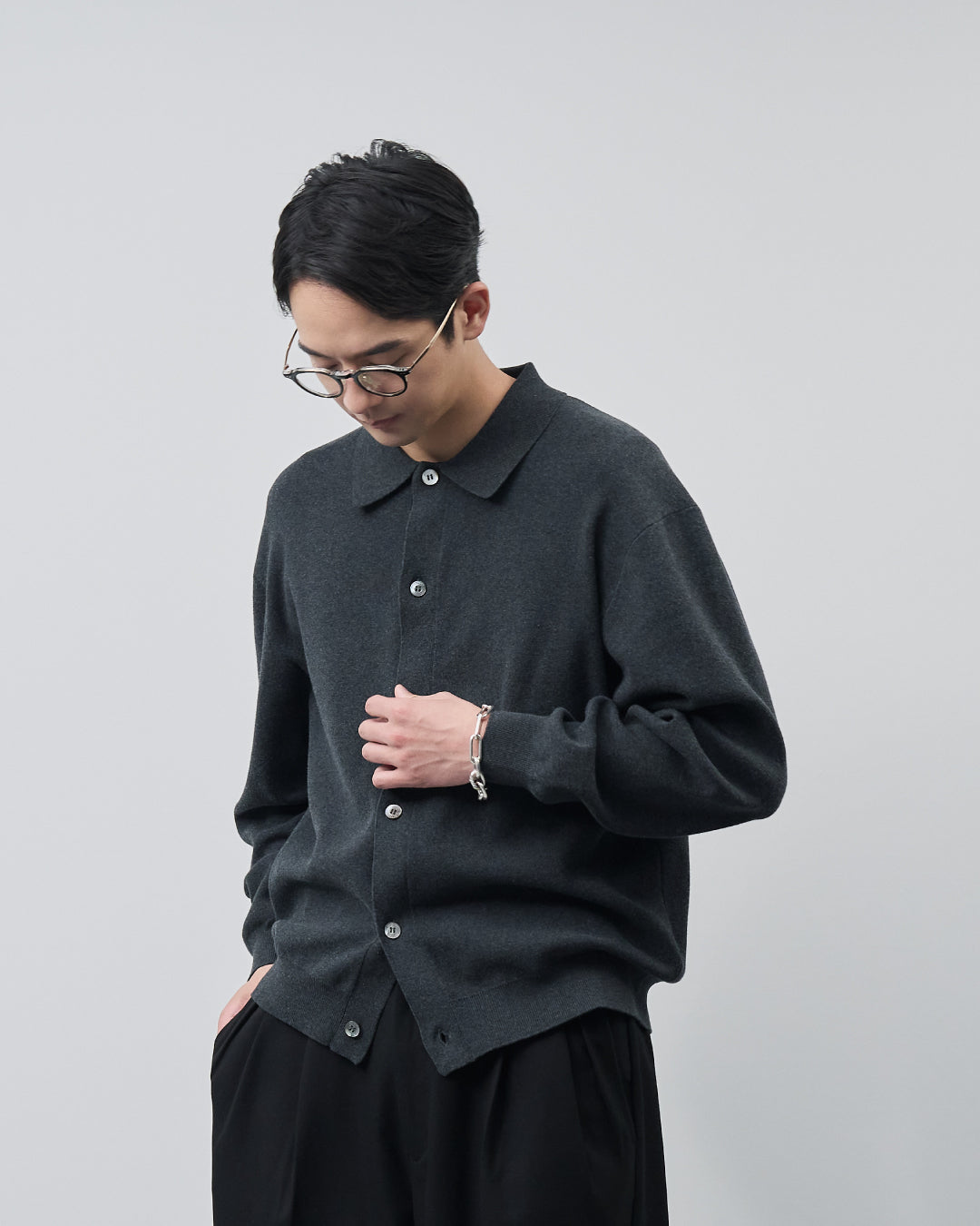 High Twist Cotton×Nylon Collared Knit Cardigan -dark gray-