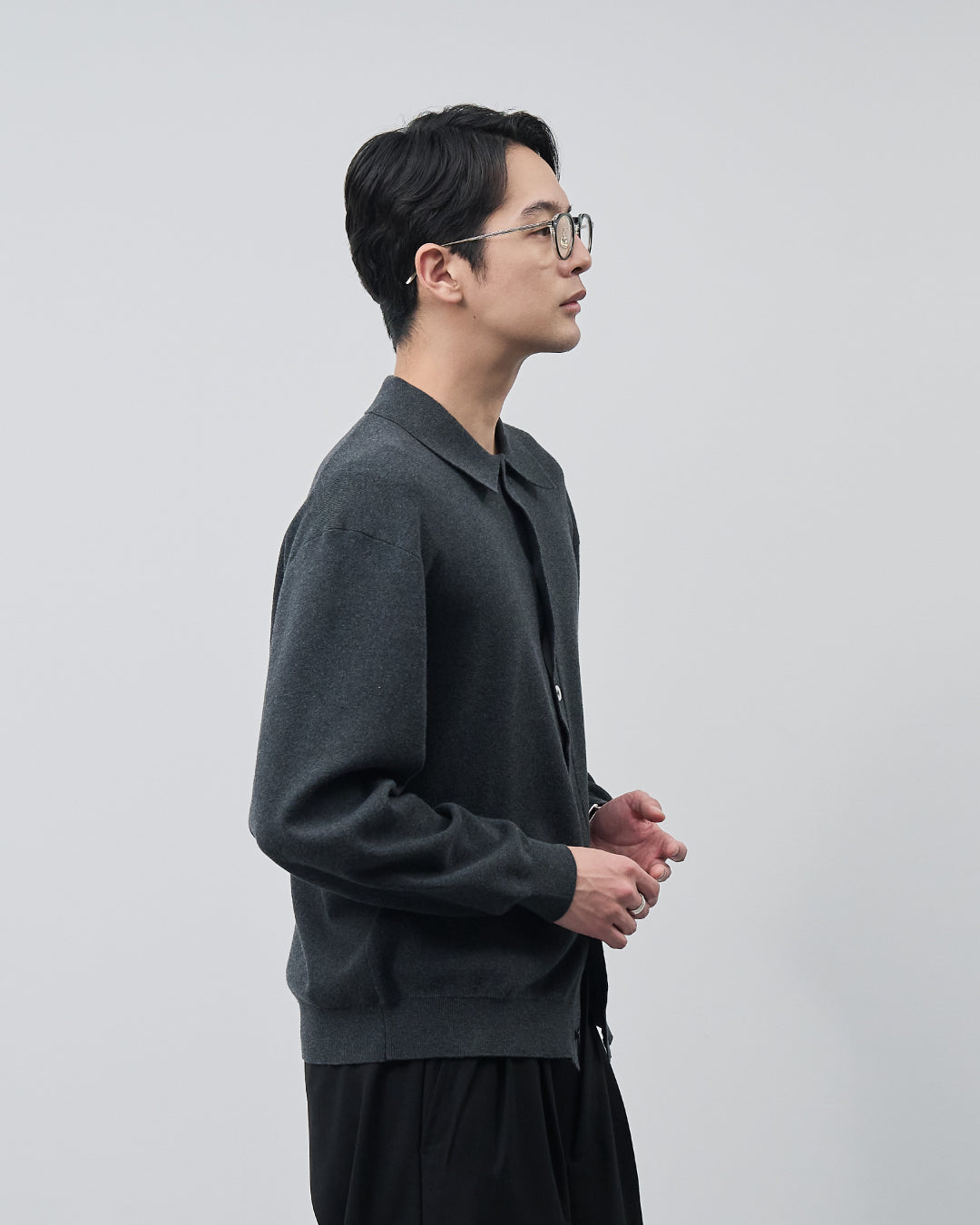 High Twist Cotton×Nylon Collared Knit Cardigan -dark gray-