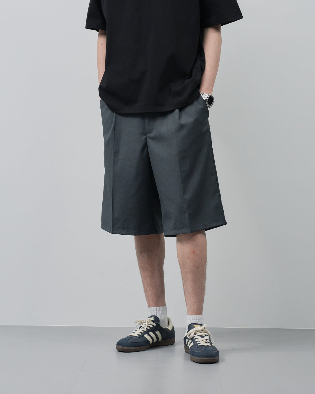 1Tuck Wide Easy Half Slacks -gray-