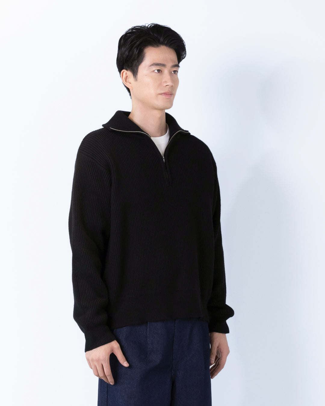 Wool Mixed Half Zip Knit -black-
