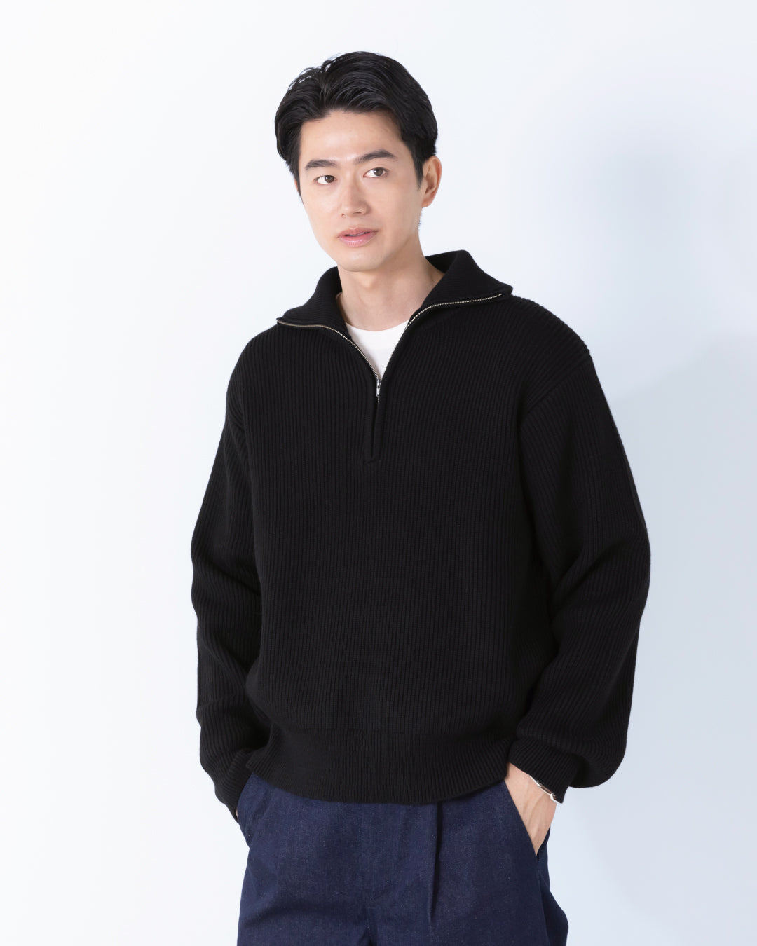 Wool Mixed Half Zip Knit -black-