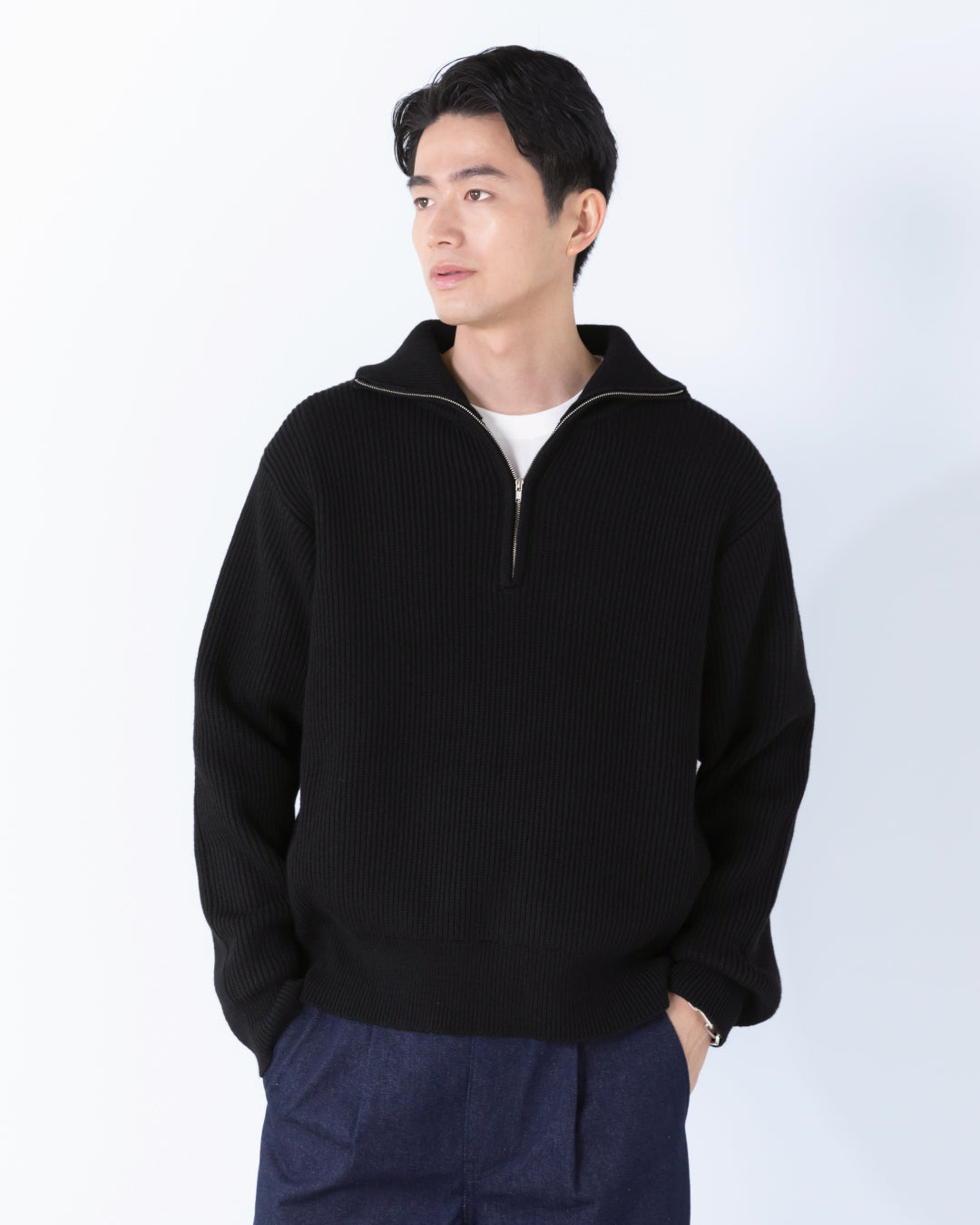 Wool Mixed Half Zip Knit -black-