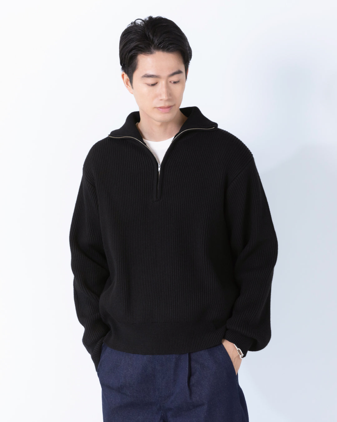 Wool Mixed Half Zip Knit -black-