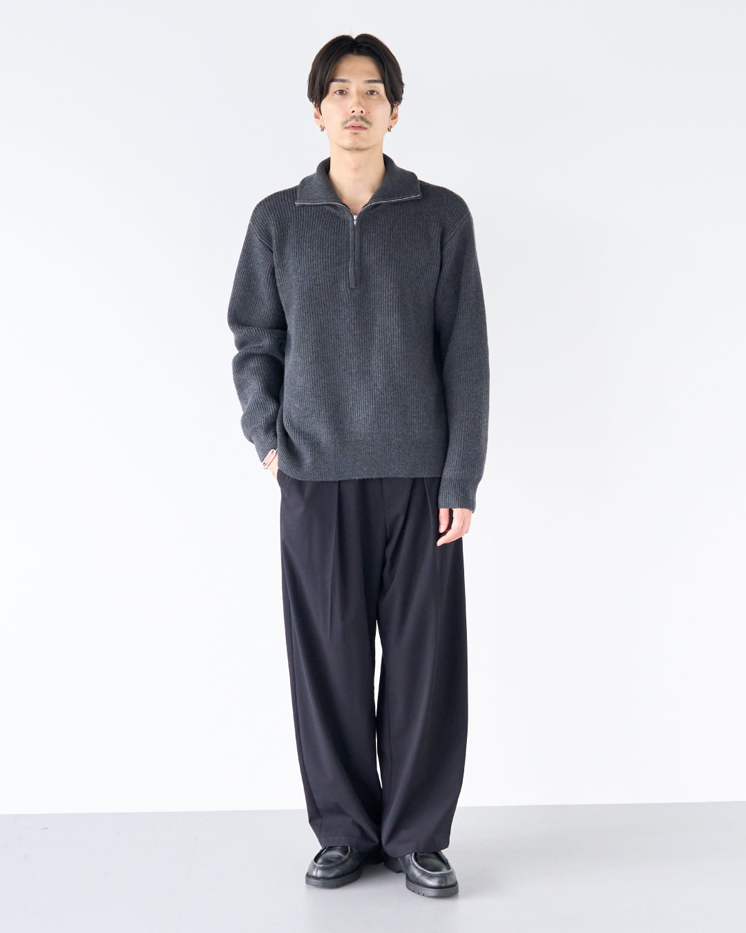 Wool Mixed Half Zip Knit -dark gray-