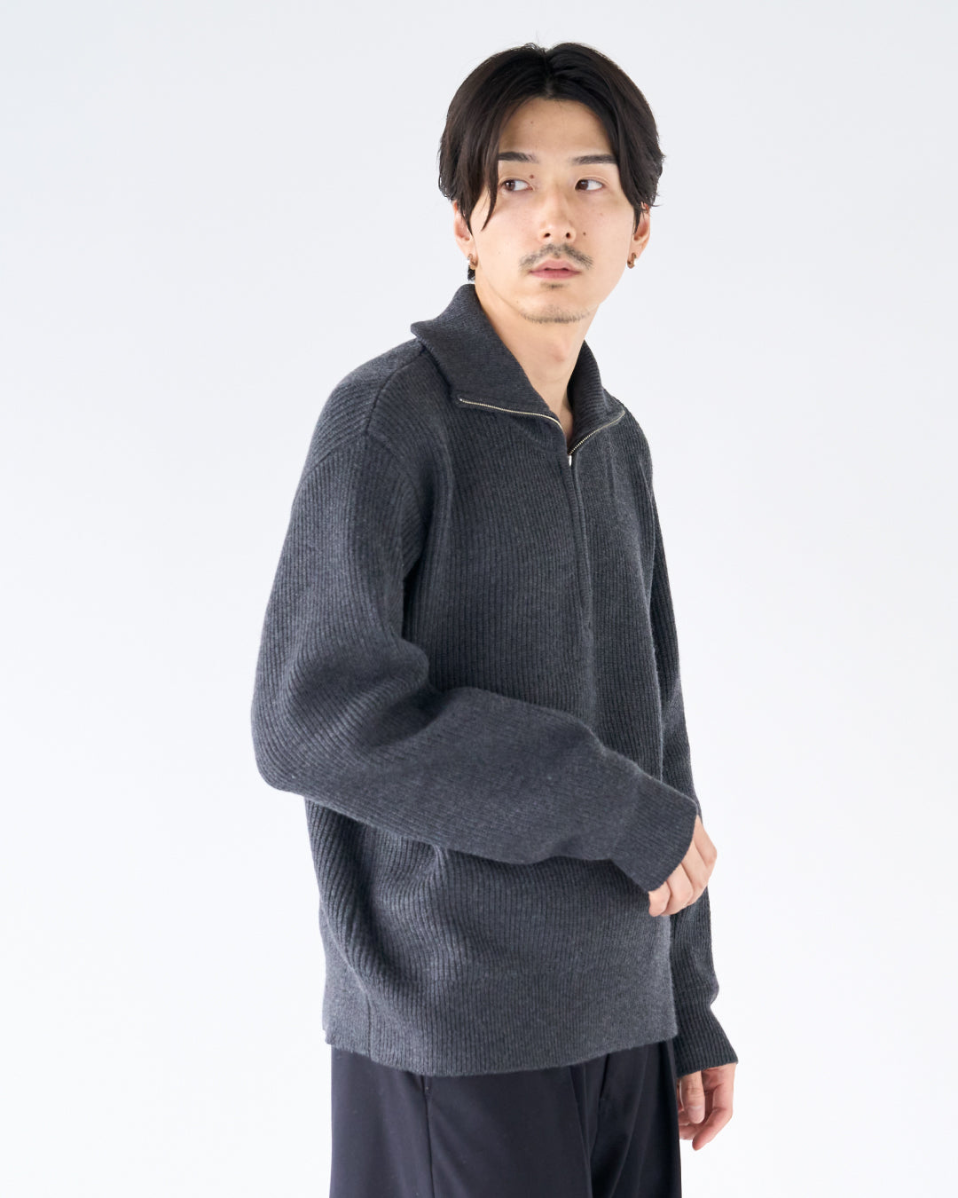 Wool Mixed Half Zip Knit -dark gray-