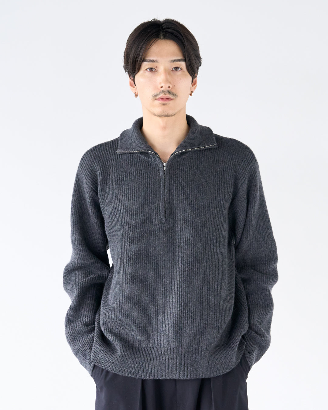 Wool Mixed Half Zip Knit -dark gray-
