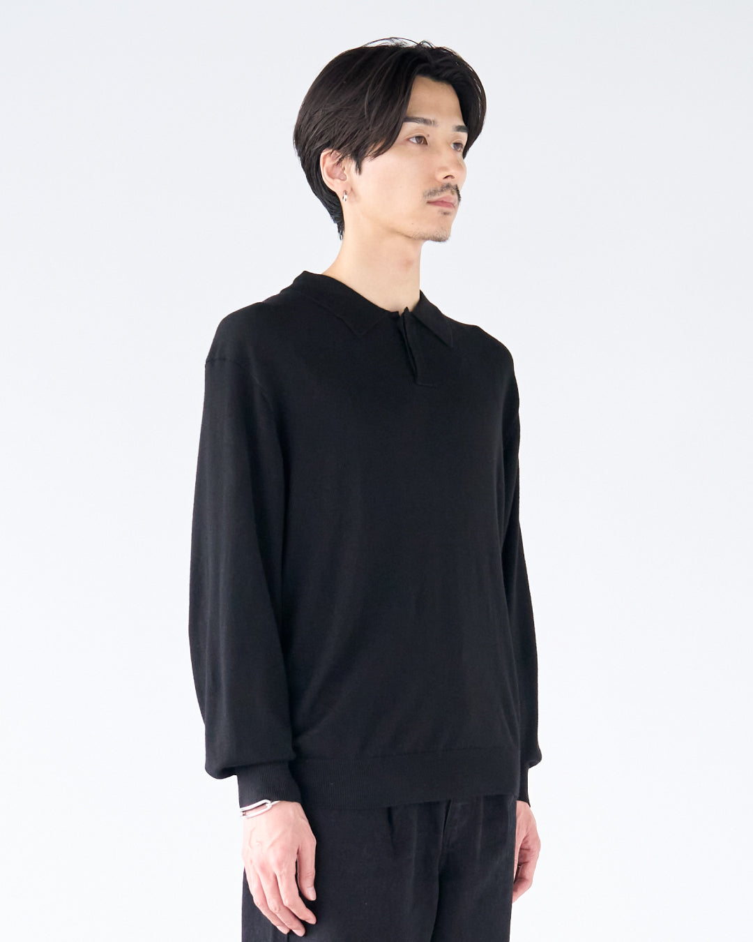 Wool Mixed L/S Knit Polo -black-