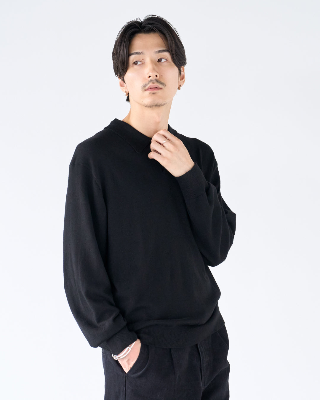 Wool Mixed L/S Knit Polo -black-